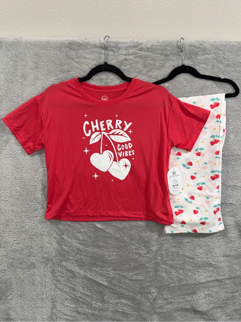 Wonder Nation Girls Cherry Pajama Set Size L 10-12 Melon Pink Sleepwear NWT